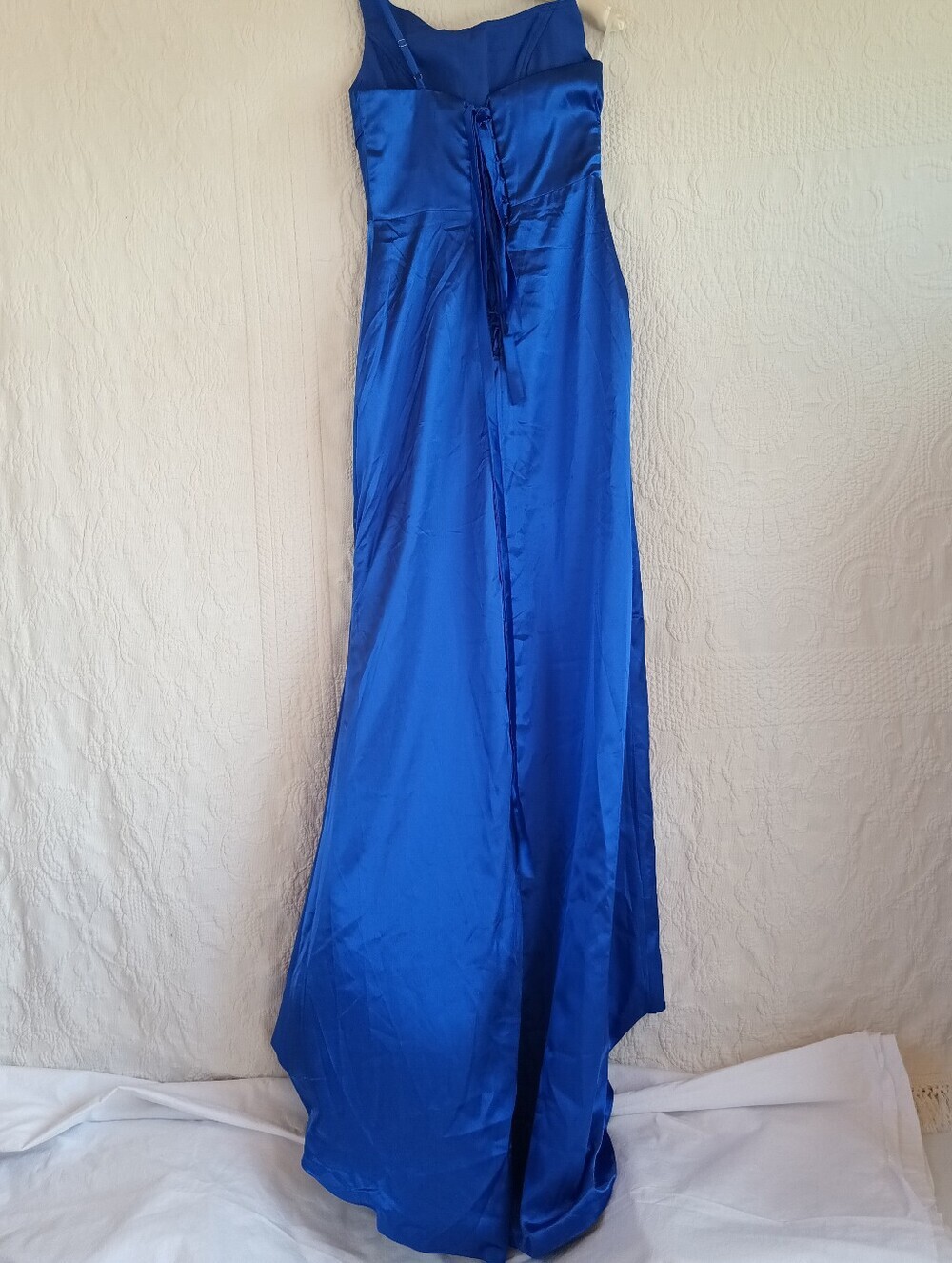 Satin One-Shoulder Evening Gown Cobalt Blue Corset Back Flowy Colorful Goddess - Picture 5 of 9